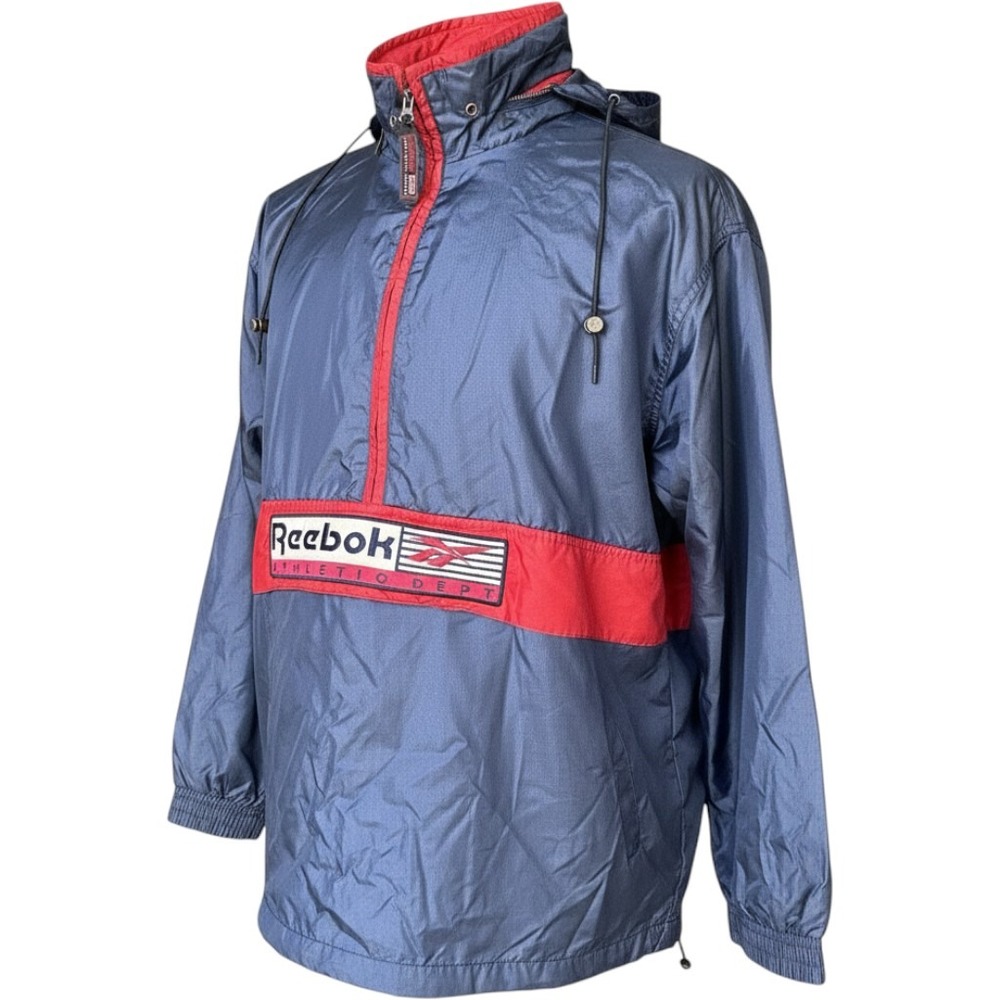 Vintage Reebok Athletic Dept Windbreaker Navy Red Half Zip Hooded Jacket Mens XL